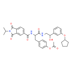 ChemSpider 2D Image | 4-[3-({2-[3-(Cyclopentyloxy)phenyl]-2-hydroxyethyl}amino)-2-{[(2-isopropyl-1,3-dioxo-2,3-dihydro-1H-isoindol-5-yl)carbonyl]amino}-3-oxopropyl]phenyl acetate | C36H39N3O8