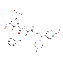 ChemSpider 2D Image | N-[3-(Benzylsulfanyl)-1-{[2-(4-methoxyphenyl)-2-(4-methyl-1-piperazinyl)ethyl]amino}-1-oxo-2-propanyl]-2-methyl-3,5-dinitrobenzamide | C32H38N6O7S