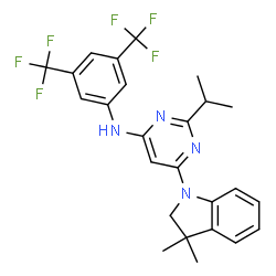 ChemSpider 2D Image | N-[3,5-Bis(trifluoromethyl)phenyl]-6-(3,3-dimethyl-2,3-dihydro-1H-indol-1-yl)-2-isopropyl-4-pyrimidinamine | C25H24F6N4