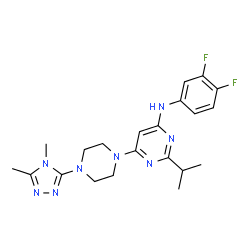ChemSpider 2D Image | N-(3,4-Difluorophenyl)-6-[4-(4,5-dimethyl-4H-1,2,4-triazol-3-yl)-1-piperazinyl]-2-isopropyl-4-pyrimidinamine | C21H26F2N8