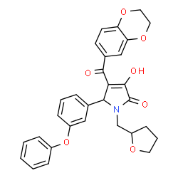 ChemSpider 2D Image | 4-(2,3-Dihydro-1,4-benzodioxin-6-ylcarbonyl)-3-hydroxy-5-(3-phenoxyphenyl)-1-(tetrahydro-2-furanylmethyl)-1,5-dihydro-2H-pyrrol-2-one | C30H27NO7