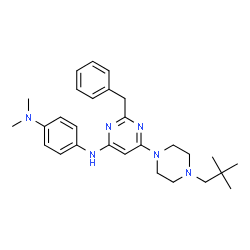 ChemSpider 2D Image | N'-{2-Benzyl-6-[4-(2,2-dimethylpropyl)-1-piperazinyl]-4-pyrimidinyl}-N,N-dimethyl-1,4-benzenediamine | C28H38N6