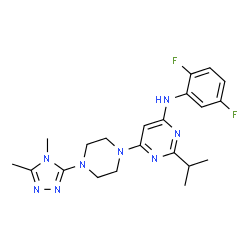 ChemSpider 2D Image | N-(2,5-Difluorophenyl)-6-[4-(4,5-dimethyl-4H-1,2,4-triazol-3-yl)-1-piperazinyl]-2-isopropyl-4-pyrimidinamine | C21H26F2N8