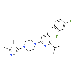 ChemSpider 2D Image | N-(2,4-Difluorophenyl)-6-[4-(4,5-dimethyl-4H-1,2,4-triazol-3-yl)-1-piperazinyl]-2-isopropyl-4-pyrimidinamine | C21H26F2N8