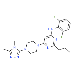 ChemSpider 2D Image | N-(2,6-Difluorophenyl)-6-[4-(4,5-dimethyl-4H-1,2,4-triazol-3-yl)-1-piperazinyl]-2-propyl-4-pyrimidinamine | C21H26F2N8