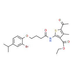 ChemSpider 2D Image | Ethyl 5-acetyl-2-{[4-(2-bromo-4-isopropylphenoxy)butanoyl]amino}-4-methyl-3-thiophenecarboxylate | C23H28BrNO5S
