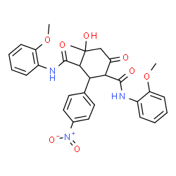 ChemSpider 2D Image | 4-Hydroxy-N,N'-bis(2-methoxyphenyl)-4-methyl-2-(4-nitrophenyl)-6-oxo-1,3-cyclohexanedicarboxamide | C29H29N3O8
