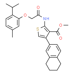 ChemSpider 2D Image | Methyl 2-{[(2-isopropyl-5-methylphenoxy)acetyl]amino}-4-(5,6,7,8-tetrahydro-2-naphthalenyl)-3-thiophenecarboxylate | C28H31NO4S