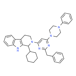 ChemSpider 2D Image | 2-[2-Benzyl-6-(4-phenyl-1-piperazinyl)-4-pyrimidinyl]-1-cyclohexyl-2,3,4,9-tetrahydro-1H-beta-carboline | C38H42N6