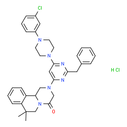 ChemSpider 2D Image | 2-{2-Benzyl-6-[4-(3-chlorophenyl)-1-piperazinyl]-4-pyrimidinyl}-7,7-dimethyl-1,2,3,6,7,11b-hexahydro-4H-pyrazino[2,1-a]isoquinolin-4-one hydrochloride (1:1) | C35H38Cl2N6O
