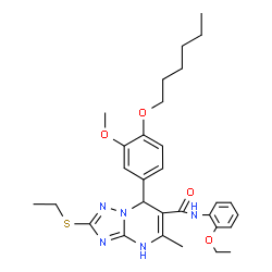 ChemSpider 2D Image | N-(2-Ethoxyphenyl)-2-(ethylsulfanyl)-7-[4-(hexyloxy)-3-methoxyphenyl]-5-methyl-1,7-dihydro[1,2,4]triazolo[1,5-a]pyrimidine-6-carboxamide | C30H39N5O4S