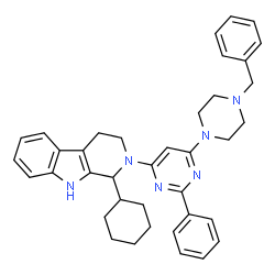 ChemSpider 2D Image | 2-[6-(4-Benzyl-1-piperazinyl)-2-phenyl-4-pyrimidinyl]-1-cyclohexyl-2,3,4,9-tetrahydro-1H-beta-carboline | C38H42N6