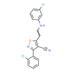 ChemSpider 2D Image | 3-(2-Chlorophenyl)-5-{2-[(3-chlorophenyl)amino]vinyl}-1,2-oxazole-4-carbonitrile | C18H11Cl2N3O