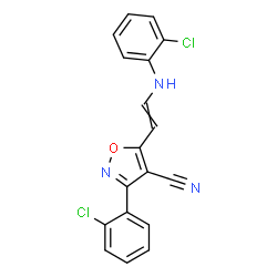 ChemSpider 2D Image | 3-(2-Chlorophenyl)-5-{2-[(2-chlorophenyl)amino]vinyl}-1,2-oxazole-4-carbonitrile | C18H11Cl2N3O