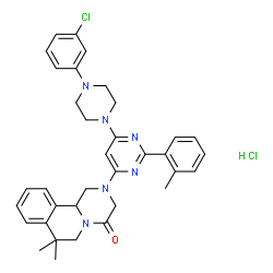 ChemSpider 2D Image | 2-{6-[4-(3-Chlorophenyl)-1-piperazinyl]-2-(2-methylphenyl)-4-pyrimidinyl}-7,7-dimethyl-1,2,3,6,7,11b-hexahydro-4H-pyrazino[2,1-a]isoquinolin-4-one hydrochloride (1:1) | C35H38Cl2N6O