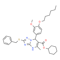 ChemSpider 2D Image | Cyclohexyl 2-(benzylsulfanyl)-7-[4-(hexyloxy)-3-methoxyphenyl]-5-methyl-1,7-dihydro[1,2,4]triazolo[1,5-a]pyrimidine-6-carboxylate | C33H42N4O4S