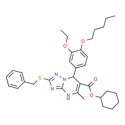 ChemSpider 2D Image | Cyclohexyl 2-(benzylsulfanyl)-7-[3-ethoxy-4-(pentyloxy)phenyl]-5-methyl-1,7-dihydro[1,2,4]triazolo[1,5-a]pyrimidine-6-carboxylate | C33H42N4O4S