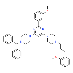 ChemSpider 2D Image | 4-[4-(Diphenylmethyl)-1-piperazinyl]-2-(3-methoxyphenyl)-6-{4-[3-(2-methoxyphenyl)propyl]-1-piperazinyl}pyrimidine | C42H48N6O2