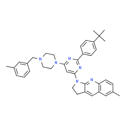 ChemSpider 2D Image | 6-Methyl-1-{6-[4-(3-methylbenzyl)-1-piperazinyl]-2-[4-(2-methyl-2-propanyl)phenyl]-4-pyrimidinyl}-2,3-dihydro-1H-pyrrolo[2,3-b]quinoline | C38H42N6