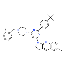 ChemSpider 2D Image | 6-Methyl-1-{6-[4-(2-methylbenzyl)-1-piperazinyl]-2-[4-(2-methyl-2-propanyl)phenyl]-4-pyrimidinyl}-2,3-dihydro-1H-pyrrolo[2,3-b]quinoline | C38H42N6
