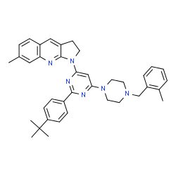 ChemSpider 2D Image | 7-Methyl-1-{6-[4-(2-methylbenzyl)-1-piperazinyl]-2-[4-(2-methyl-2-propanyl)phenyl]-4-pyrimidinyl}-2,3-dihydro-1H-pyrrolo[2,3-b]quinoline | C38H42N6