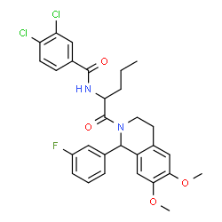 ChemSpider 2D Image | 3,4-Dichloro-N-{1-[1-(3-fluorophenyl)-6,7-dimethoxy-3,4-dihydro-2(1H)-isoquinolinyl]-1-oxo-2-pentanyl}benzamide | C29H29Cl2FN2O4