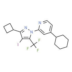 ChemSpider 2D Image | 2-[3-Cyclobutyl-4-iodo-5-(trifluoromethyl)-1H-pyrazol-1-yl]-4-cyclohexylpyridine | C19H21F3IN3