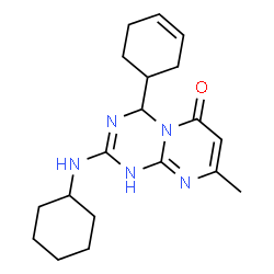 ChemSpider 2D Image | 4-(cyclohex-3-enyl)-2-(cyclohexylamino)-8-methyl-1H-pyrimido[1,2-a][1,3,5]triazin-6(4H)-one | C19H27N5O