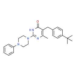ChemSpider 2D Image | 6-Methyl-5-[4-(2-methyl-2-propanyl)benzyl]-2-(4-phenyl-1-piperazinyl)-4(1H)-pyrimidinone | C26H32N4O