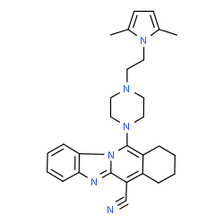 ChemSpider 2D Image | 11-{4-[2-(2,5-Dimethyl-1H-pyrrol-1-yl)ethyl]-1-piperazinyl}-7,8,9,10-tetrahydrobenzimidazo[1,2-b]isoquinoline-6-carbonitrile | C28H32N6