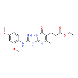 ChemSpider 2D Image | Ethyl 3-{2-[N'-(2,4-dimethoxyphenyl)carbamimidamido]-4-methyl-6-oxo-1,6-dihydro-5-pyrimidinyl}propanoate | C19H25N5O5