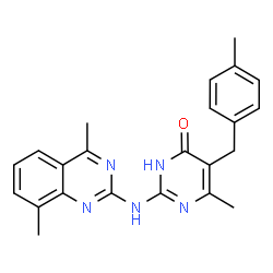 ChemSpider 2D Image | 2-[(4,8-Dimethyl-2-quinazolinyl)amino]-6-methyl-5-(4-methylbenzyl)-4(1H)-pyrimidinone | C23H23N5O