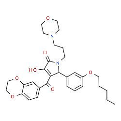 ChemSpider 2D Image | 4-(2,3-Dihydro-1,4-benzodioxin-6-ylcarbonyl)-3-hydroxy-1-[3-(4-morpholinyl)propyl]-5-[3-(pentyloxy)phenyl]-1,5-dihydro-2H-pyrrol-2-one | C31H38N2O7