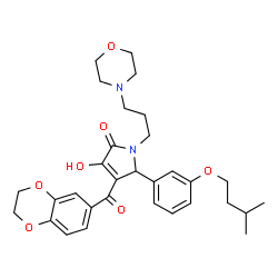 ChemSpider 2D Image | 4-(2,3-Dihydro-1,4-benzodioxin-6-ylcarbonyl)-3-hydroxy-5-[3-(3-methylbutoxy)phenyl]-1-[3-(4-morpholinyl)propyl]-1,5-dihydro-2H-pyrrol-2-one | C31H38N2O7
