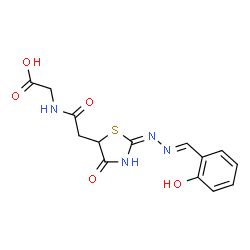 ChemSpider 2D Image | N-({(2E)-2-[(2E)-(2-Hydroxybenzylidene)hydrazono]-4-oxo-1,3-thiazolidin-5-yl}acetyl)glycine | C14H14N4O5S