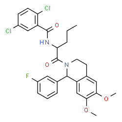 ChemSpider 2D Image | 2,5-Dichloro-N-{1-[1-(3-fluorophenyl)-6,7-dimethoxy-3,4-dihydro-2(1H)-isoquinolinyl]-1-oxo-2-pentanyl}benzamide | C29H29Cl2FN2O4