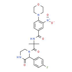 ChemSpider 2D Image | N-{1-[2-(4-Fluorophenyl)-3-oxo-1-piperazinyl]-2-methyl-1-oxo-2-propanyl}-4-(4-morpholinyl)-3-nitrobenzamide | C25H28FN5O6
