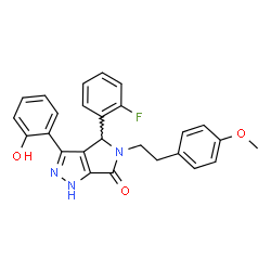 ChemSpider 2D Image | 4-(2-Fluorophenyl)-3-(2-hydroxyphenyl)-5-[2-(4-methoxyphenyl)ethyl]-4,5-dihydropyrrolo[3,4-c]pyrazol-6(1H)-one | C26H22FN3O3