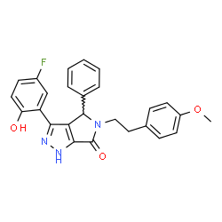 ChemSpider 2D Image | 3-(5-Fluoro-2-hydroxyphenyl)-5-[2-(4-methoxyphenyl)ethyl]-4-phenyl-4,5-dihydropyrrolo[3,4-c]pyrazol-6(1H)-one | C26H22FN3O3