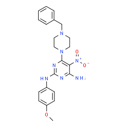 ChemSpider 2D Image | 6-(4-benzylpiperazin-1-yl)-N2-(4-methoxyphenyl)-5-nitropyrimidine-2,4-diamine | C22H25N7O3