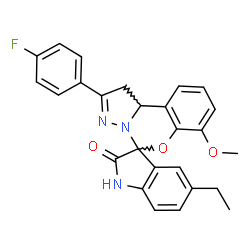 ChemSpider 2D Image | 5-Ethyl-2'-(4-fluorophenyl)-7'-methoxy-1',10b'-dihydrospiro[indole-3,5'-pyrazolo[1,5-c][1,3]benzoxazin]-2(1H)-one | C26H22FN3O3