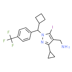ChemSpider 2D Image | 1-(1-{Cyclobutyl[4-(trifluoromethyl)phenyl]methyl}-3-cyclopropyl-5-iodo-1H-pyrazol-4-yl)methanamine | C19H21F3IN3