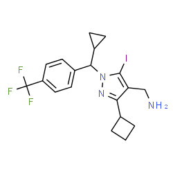 ChemSpider 2D Image | 1-(3-Cyclobutyl-1-{cyclopropyl[4-(trifluoromethyl)phenyl]methyl}-5-iodo-1H-pyrazol-4-yl)methanamine | C19H21F3IN3