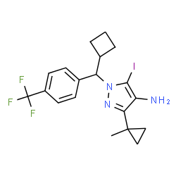ChemSpider 2D Image | 1-{Cyclobutyl[4-(trifluoromethyl)phenyl]methyl}-5-iodo-3-(1-methylcyclopropyl)-1H-pyrazol-4-amine | C19H21F3IN3