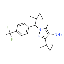 ChemSpider 2D Image | 5-Iodo-3-(1-methylcyclopropyl)-1-{(1-methylcyclopropyl)[4-(trifluoromethyl)phenyl]methyl}-1H-pyrazol-4-amine | C19H21F3IN3