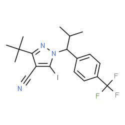 ChemSpider 2D Image | 5-Iodo-3-(2-methyl-2-propanyl)-1-{2-methyl-1-[4-(trifluoromethyl)phenyl]propyl}-1H-pyrazole-4-carbonitrile | C19H21F3IN3