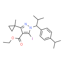 ChemSpider 2D Image | Ethyl 5-iodo-1-[1-(4-isopropylphenyl)-2-methylpropyl]-3-(1-methylcyclopropyl)-1H-pyrazole-4-carboxylate | C23H31IN2O2
