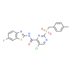 ChemSpider 2D Image | 5-Chloro-N-(6-fluoro-1,3-benzothiazol-2-yl)-2-[(4-methylbenzyl)sulfonyl]-4-pyrimidinecarboxamide | C20H14ClFN4O3S2