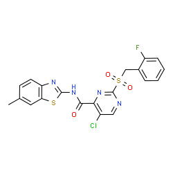 ChemSpider 2D Image | 5-Chloro-2-[(2-fluorobenzyl)sulfonyl]-N-(6-methyl-1,3-benzothiazol-2-yl)-4-pyrimidinecarboxamide | C20H14ClFN4O3S2