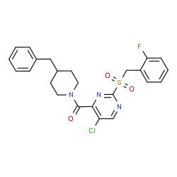 ChemSpider 2D Image | (4-Benzyl-1-piperidinyl){5-chloro-2-[(2-fluorobenzyl)sulfonyl]-4-pyrimidinyl}methanone | C24H23ClFN3O3S